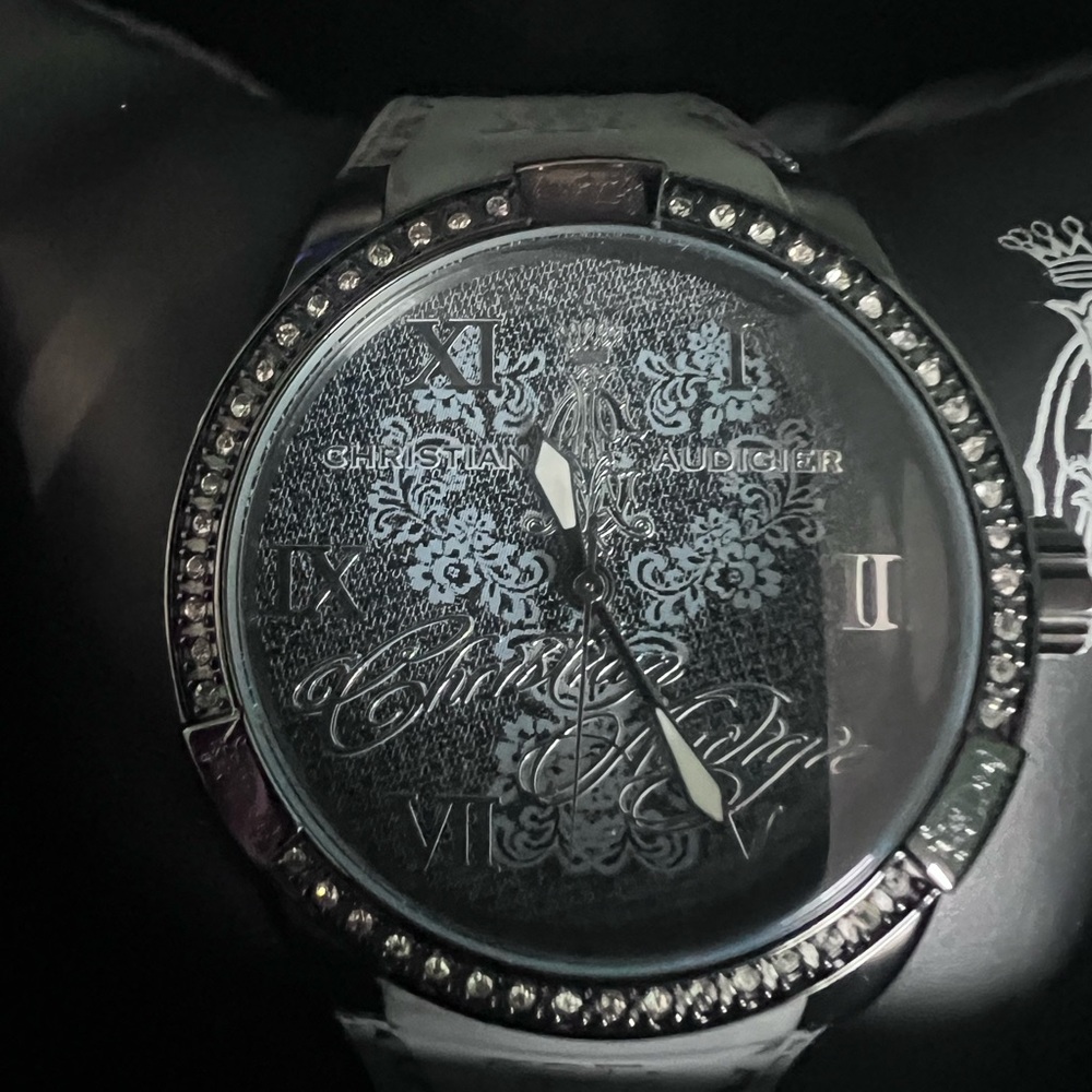 Christian Audigier Black and Silver Timepiece with Swarovski accent
